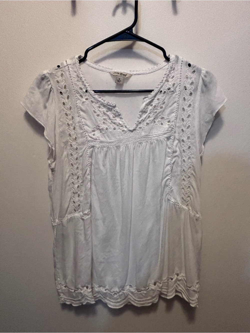 Lucky Brand White Embroidered V-Neck Peasant Blouse